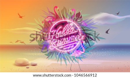 Hello summer Ultra Violet neon style. Retro style pop disco design. Fashion beach party, vector background vintage style. Disco 1980 dance club. Eighties video and music mix. Chill out Vacation. 