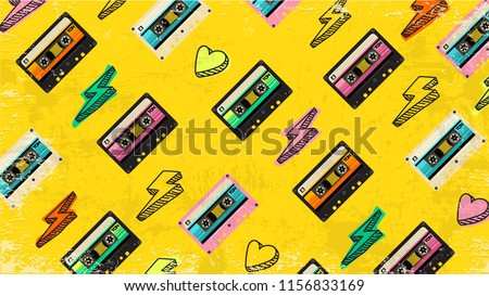 70's, 80's cassette tape vintage retro background. Fashionable poster simple graphic old style with heart and flash. Disco love party 1980. Yellow banner Easy editable template for Your design.