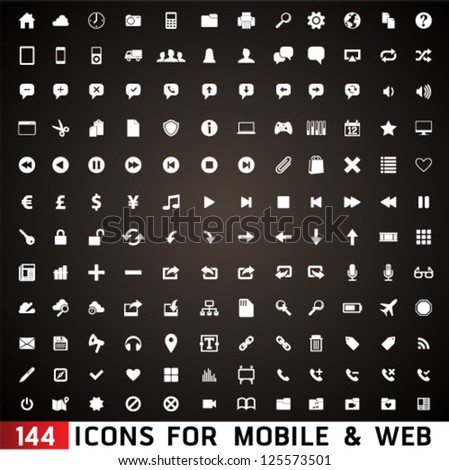 144  Icons For Web and Mobile on black background. Graphic Design Editable For Your Design.