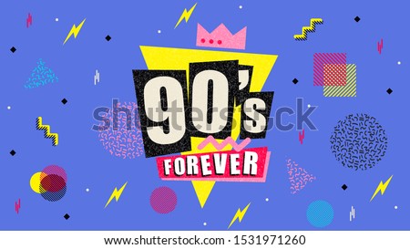 90s and 80s poster. Nineties forever. Retro style textures and alphabet mix. Aesthetic fashion background and eighties graphic. Pop and rock music party event template. Vintage vector poster, banner.