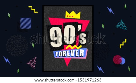 90s and 80s poster. Nineties forever. Retro style textures and alphabet mix. Aesthetic fashion background and eighties graphic. Pop and rock music party event template. Vintage vector poster, banner.