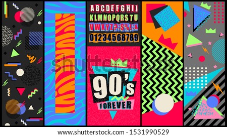 90s and 80s poster. Nineties forever. Retro style textures and alphabet mix. Aesthetic fashion background and eighties graphic. Pop and rock music party event template. Vintage vector poster, banner.