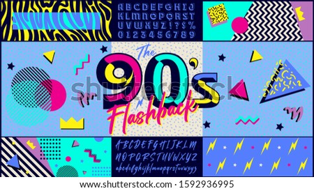 90s poster. Nineties flashback. Retro style textures and alphabet mix. Aesthetic fashion background and old fashion graphic. Vintage vector invintation card, poster, banner. Easy editable template.