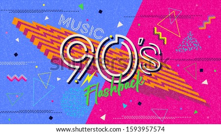 90s poster. Nineties flashback. Retro music style textures and objects mix. Aesthetic fashion background and old fashion graphic. Vintage vector 90's invintation card, banner. Easy editable template.