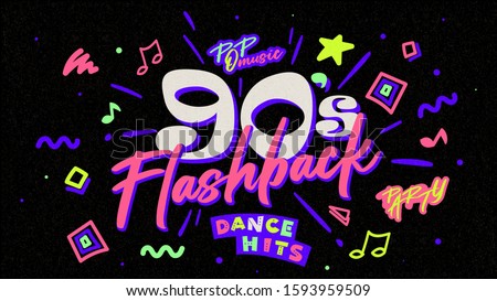 90s poster. Nineties flashback. Retro music style textures and objects mix. Aesthetic fashion background and old fashion graphic. Vintage vector 90's invintation card, banner. Easy editable template. 