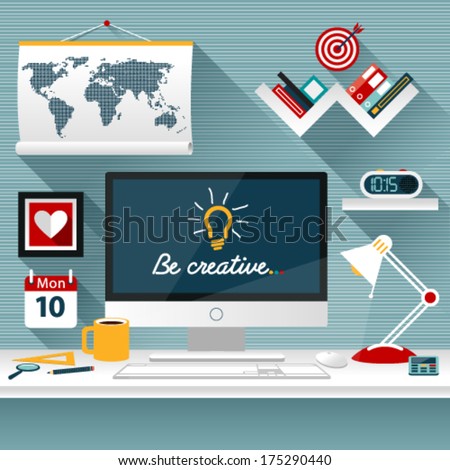 Set of Flat vector design illustration of modern business office  and workspace . Background with long shadows for web. Graphic Design Editable For Your Design.