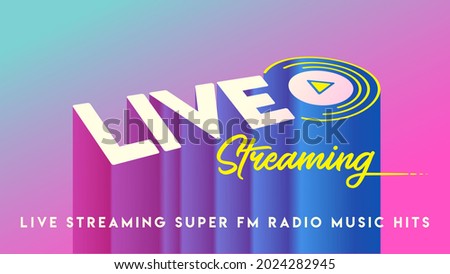 Live streaming logo with play button. Online stream music sound sign. 3d effect simple vector design. Loading, player, broadcast, website, online radio. Web banner or poster easy editable as template.