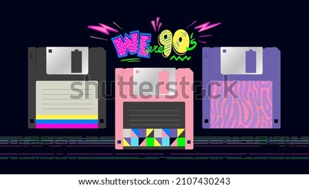 Vector Floppy Disk Illustration Flat Design. 90s and 80s poster. We are Nineties. Retro style textures and  Aesthetic background. Old school personal computer. Vintage vector poster, banner, logo.