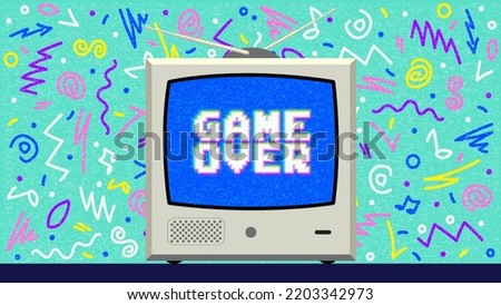 Game over. 90s and 80s poster. Retro style textures and alphabet mix. Aesthetic tv background and eighties graphic. Pop and rock music party event template. Vintage vector poster, banner.