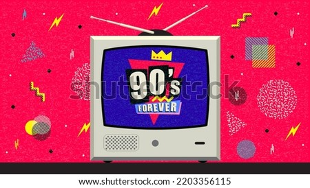 90s and 80s poster. Nineties forever. Retro style textures and alphabet mix. Aesthetic TV background and eighties graphic. Pop and rock music party event template. Vintage vector poster, banner.