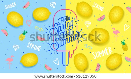 Spring Summer poster, banner in trendy 80s-90s Memphis style. Lemon vector illustration, lettering and colorful design for poster, card, invitation. Easy editable for Your design.