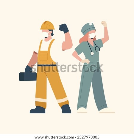 This vector design depicts the essential connection between doctors and laborers in bridging health and hard work. Ideal for healthcare and labor advocacy, it emphasizes collaboration and community