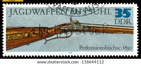 GERMANY - CIRCA 1978: post stamps printed in Germany,  shows  antique  Wheel-lock Gun. 1850. Hunting Guns series, circa 1978