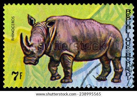 BURUNDI - CIRCA 1970 : A stamp printed by Burundi shows Animals Burundi, Rhinoseros, map Burundi, circa 1970.