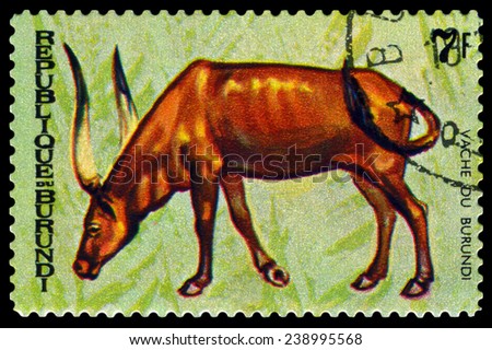 BURUNDI - CIRCA 1970 : A stamp printed by Burundi shows Animals Burundi, Vache du  Burundi, map Burundi, circa 1970.