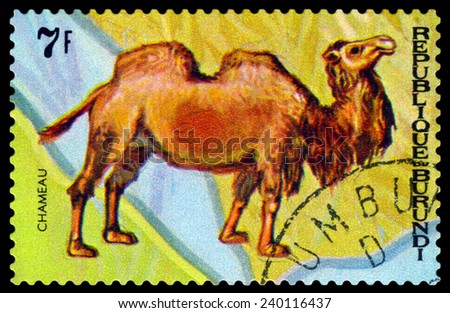 BURUNDI - CIRCA 1970 : A stamp printed by Burundi shows Animals Burundi,  camel Chameau, map Burundi, circa 1970.