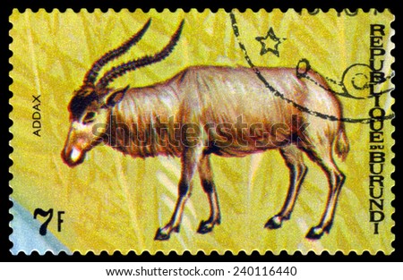 BURUNDI - CIRCA 1970 : A stamp printed by Burundi shows Animals Burundi,  antelope Addax, map Burundi, circa 1970.