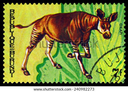 BURUNDI - CIRCA 1970 : A stamp printed by Burundi shows Animals Burundi, Okapi, map Burundi, circa 1970.