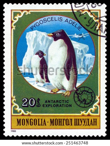MONGOLIA - CIRCA 1980: a stamp printed by Mongolia  shows  Penguins,  Antarctic Animals and exploration,  circa 1980