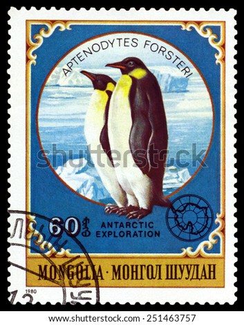 MONGOLIA - CIRCA 1980: a stamp printed by Mongolia  shows  Emperor penguins,  Antarctic Animals and exploration,  circa 1980