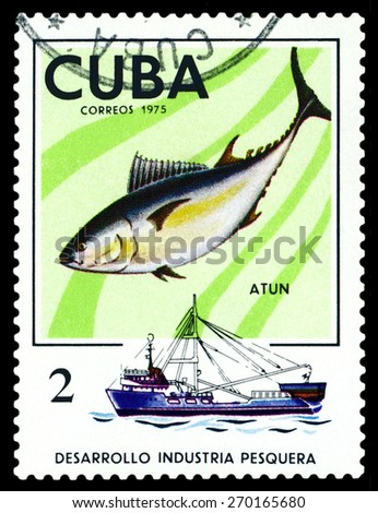 CUBA - CIRCA 1975: a stamp printed by Cuba  show the fish Tuna, series Fishing Industry, circa 1975