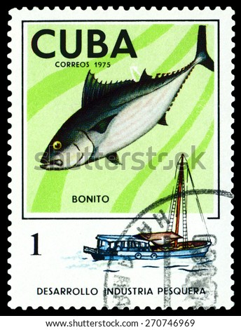 CUBA - CIRCA 1975: a stamp printed by Cuba  show the fish Long-finned Tuna, series Fishing Industry, circa 1975