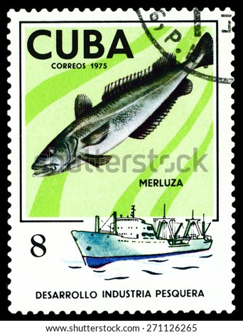CUBA - CIRCA 1975: a stamp printed by Cuba  show the fish  Hake, series Fishing Industry, circa 1975