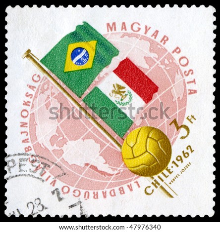 HUNGARY - CIRCA 1962: a stamp printed by Hungary shows flag of Brazil and Mexico. World  football cup in Chile  , circa 1962