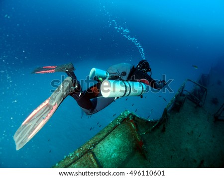 Sidemount Diver exploring the Um el Faroud Wreck, Wied iz-Zurrieq, l/o Qrendi, Malta Zdjęcia stock © 