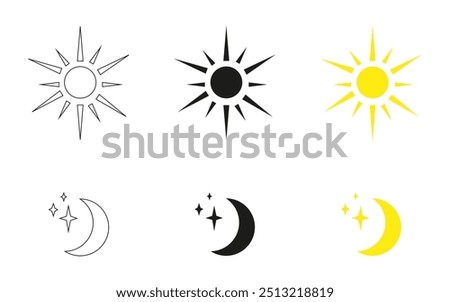 Sun and moon icon vector illustration set, black white and yellow symbols, celestial design elements, sunrises, sunsets, star, crescent phases. New icons collection.