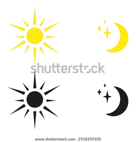 Sun and moon icon vector illustration set, black and yellow symbols, celestial design elements, sunrises, sunsets, star, crescent phases. New icons collection.