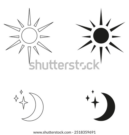 Sun and moon icon vector illustration set, black and white symbols, celestial design elements, sunrises, sunsets, star, crescent phases. New icons collection.