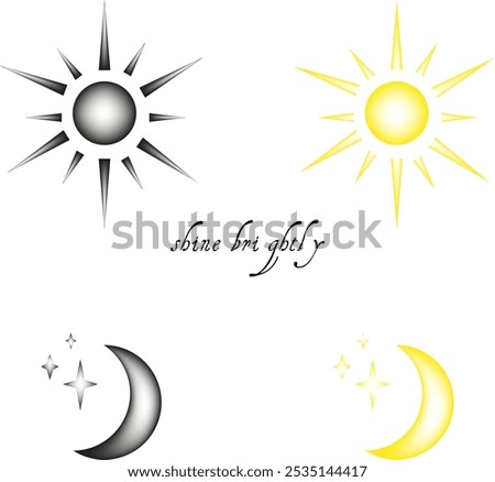 Sun and moon icon vector illustration set, black and yellow symbols, celestial design elements, sunrises, sunsets, star, crescent phases in mesh gradient. New icons collection.