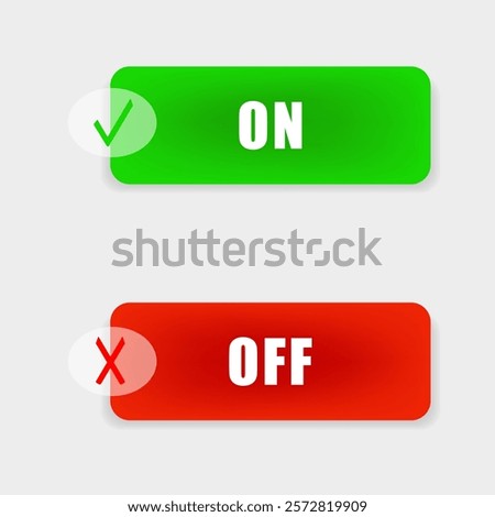 On Off toggle switch buttons, checkmark icons yes or no with switch slider in modern toggle, green tick and red cross symbols for user interface, apps and website