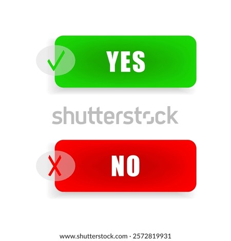 Yes No toggle switch buttons, checkmark icons yes or no with switch slider in modern toggle, green tick and red cross symbols for user interface, apps and website