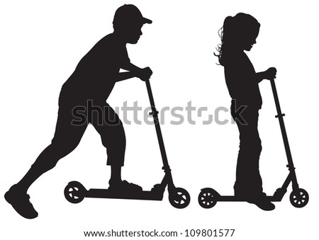 Silhouettes of children on scooter
