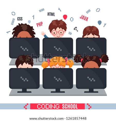 Kids learn coding on laptops in school. Concept of informatics lesson at school. Vector illustration isolated on white background. Design for banner, poster or website.