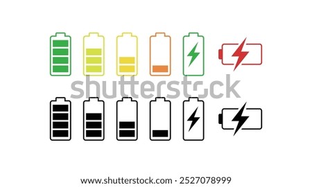 Battery charge indicator icons set. Phone charge level, colorful collection of charge power. Discharged and fully charged battery. Battery charge from high to low. From 0 to 100% from red to green.