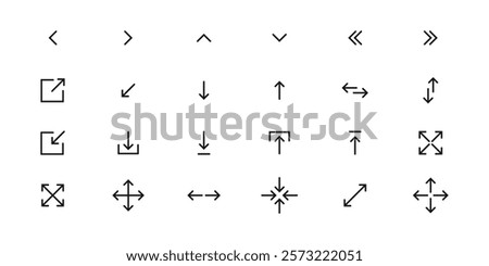 outline web arrows icons such as up arrow, left arrow, shuffle, right arrow, distribute spacing vertical, bottom left, top left, up down vector thin line icons for web design, mobile app.