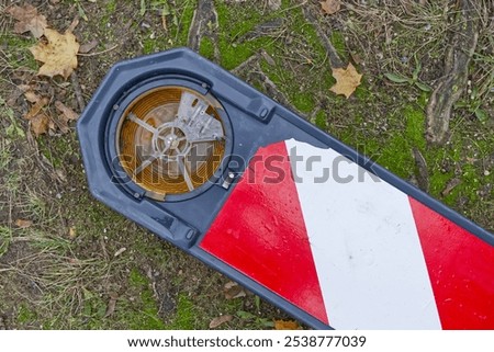 Similar – Image, Stock Photo red-white barrier beacons in front of a richly decorated but slowly decaying residential house with yellow-brown clinker facade from the Gründerzeit / dilapidated / lost place