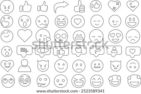 Emoticons Emoji icon set for logo and T-Shirt. Thin line art editable stroke.