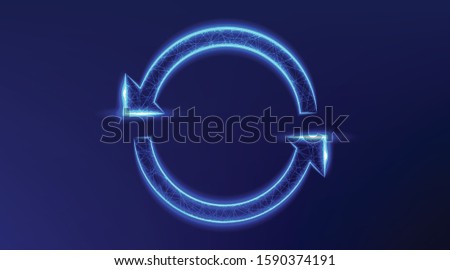 circle arrows in a round rotating circular, recycle. abstract low poly wireframe mesh design. from connecting dot and line. vector illustration on blue background