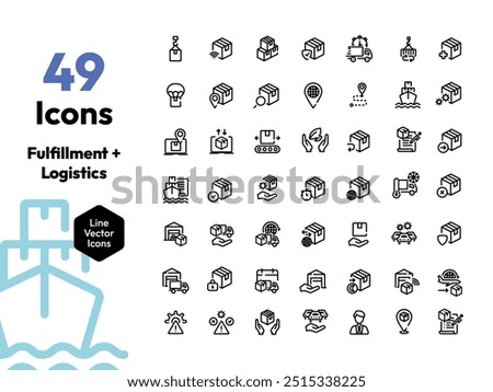 Simplify your logistics and fulfillment processes with this sleek set of vector line icons. Tailored for e-commerce, shipping, and warehouse management, these icons are perfect for digital and print. 