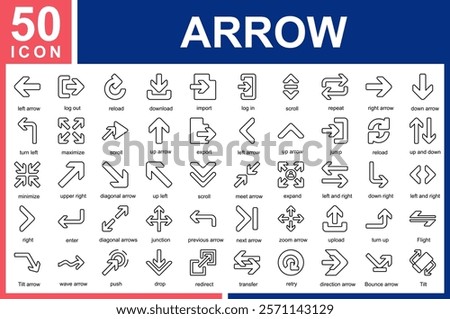 Arrow icon collection set.
en a-left arrow,log out,reload,download,import,log in,scroll,repeat,right arrow,down arrow,turn left,maximize,play,up arrow,export,left arrow, Simple Line Vector