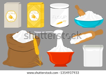 Illustration on theme big set different types dishware filled wheat flour. Wheat flour pattern consisting of collection dishware for organic cooking. Tasty wheat flour in eco dishware for menu gourmet