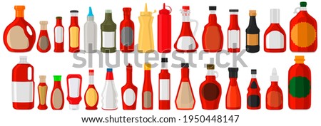 Illustration on theme big kit varied glass bottles filled liquid sauce chili. Bottles consisting from sauce chili, empty labels for titles. Sauce chili in full bottles with plastic cork to fast meal.