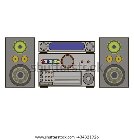 Vector illustration of logo for home music center outdoor speakers closeup on white background. Speakers drawing consisting of acoustic sound bass, system equipment volume woofer, tuner center.