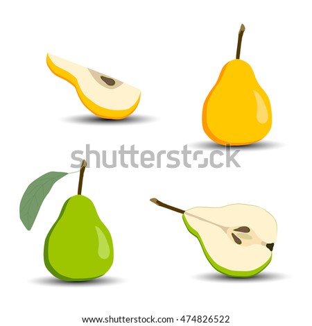 Abstract vector icon illustration logo for whole ripe fruit colorful pear, sliced half. Pear pattern consisting of card label, natural design sign tasty food. Eat sweet fresh fruits pears on health.