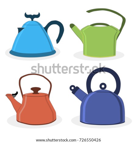 Big set ceramic teapots, glass kettle with handle on white background, teapot pattern consisting in spout for draining liquid coffee in kit kettles, collection teapots it different kitchen kettle