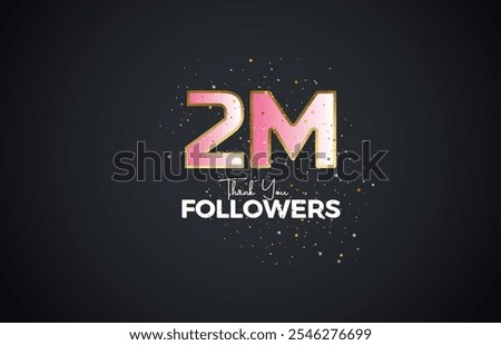 2M isolated on Dark background with sparkling confetti, Thank you followers peoples, golden, Black number 2M online social group, 3M
